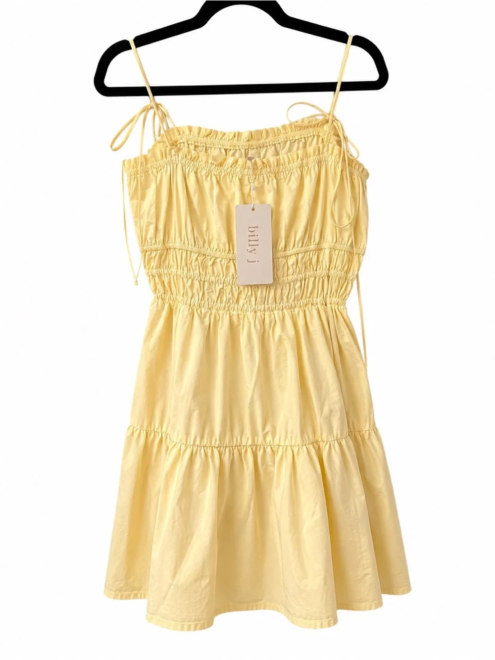 Mini Yellow Dress Ruched Tie Strap Smocked Sundress